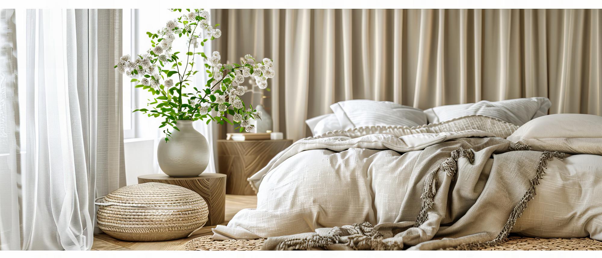 Dormitor elegant cu accente textile și lumină naturală