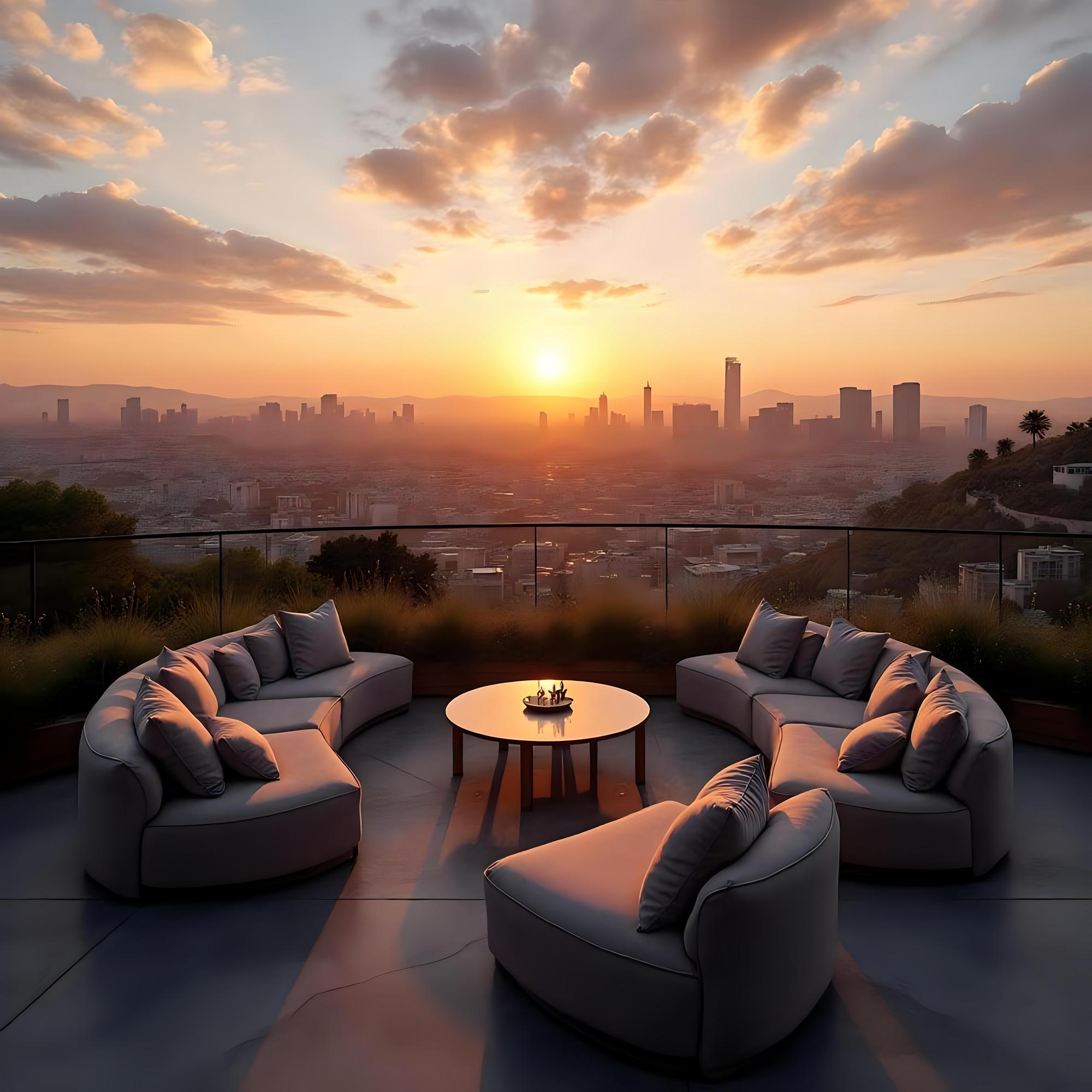Terasa cu vedere urbană, finisaje lemn și mobilier exterior